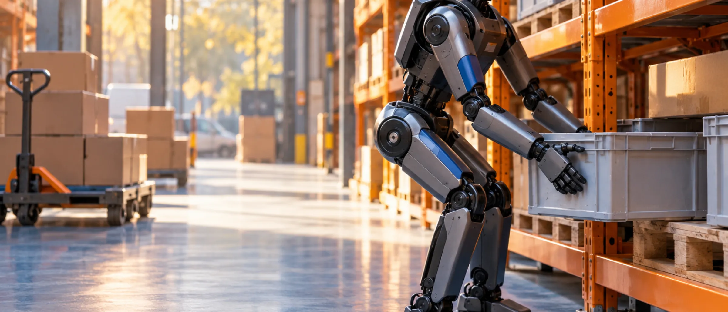 Humanoid robot picking a crate from a warehouse shelf (visual concept)