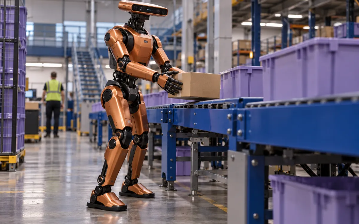 Worker scanning a pallet with a mobile robot behind