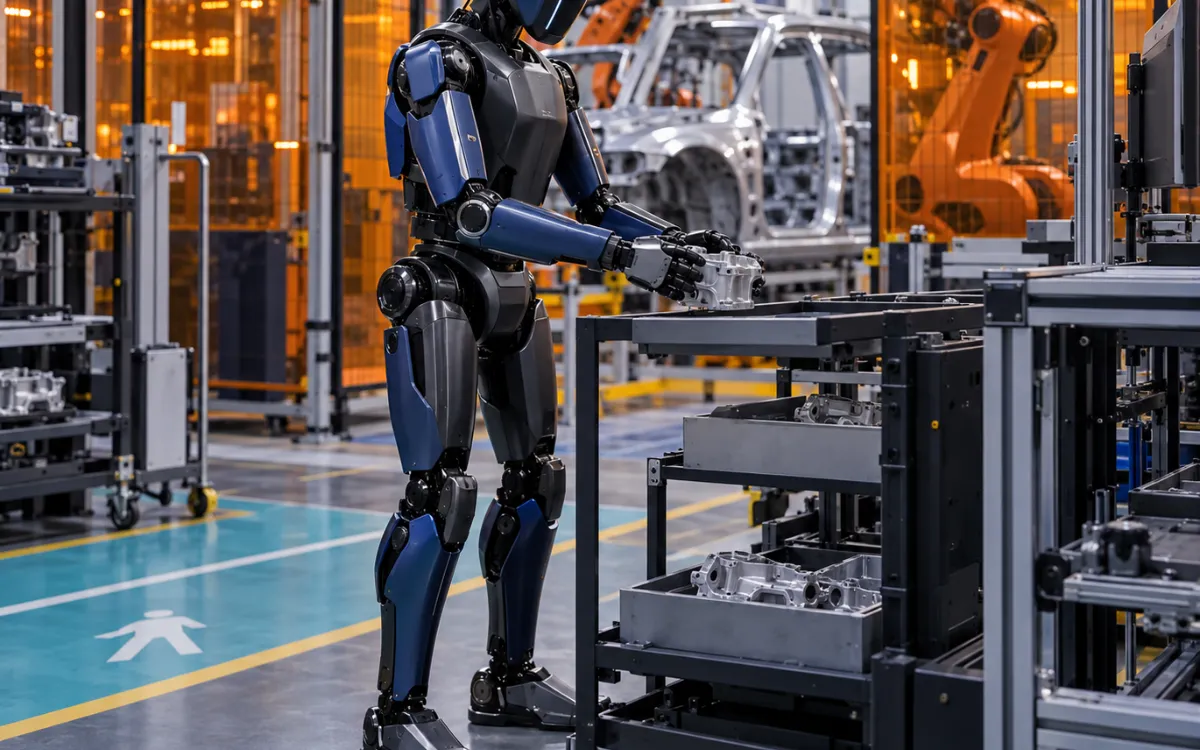 Robot arm tending a machine behind a safety fence
